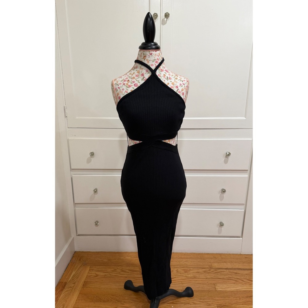 ZARA‎ Black Ribbed Halter Cutout Midi Dress